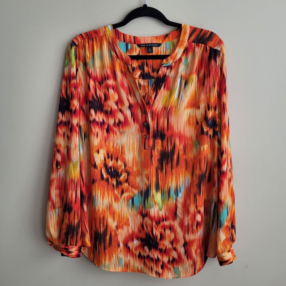 Zac & Rachel Womens Blouse Size XL Orange Abstract Roll Tab Sleeve Office Career